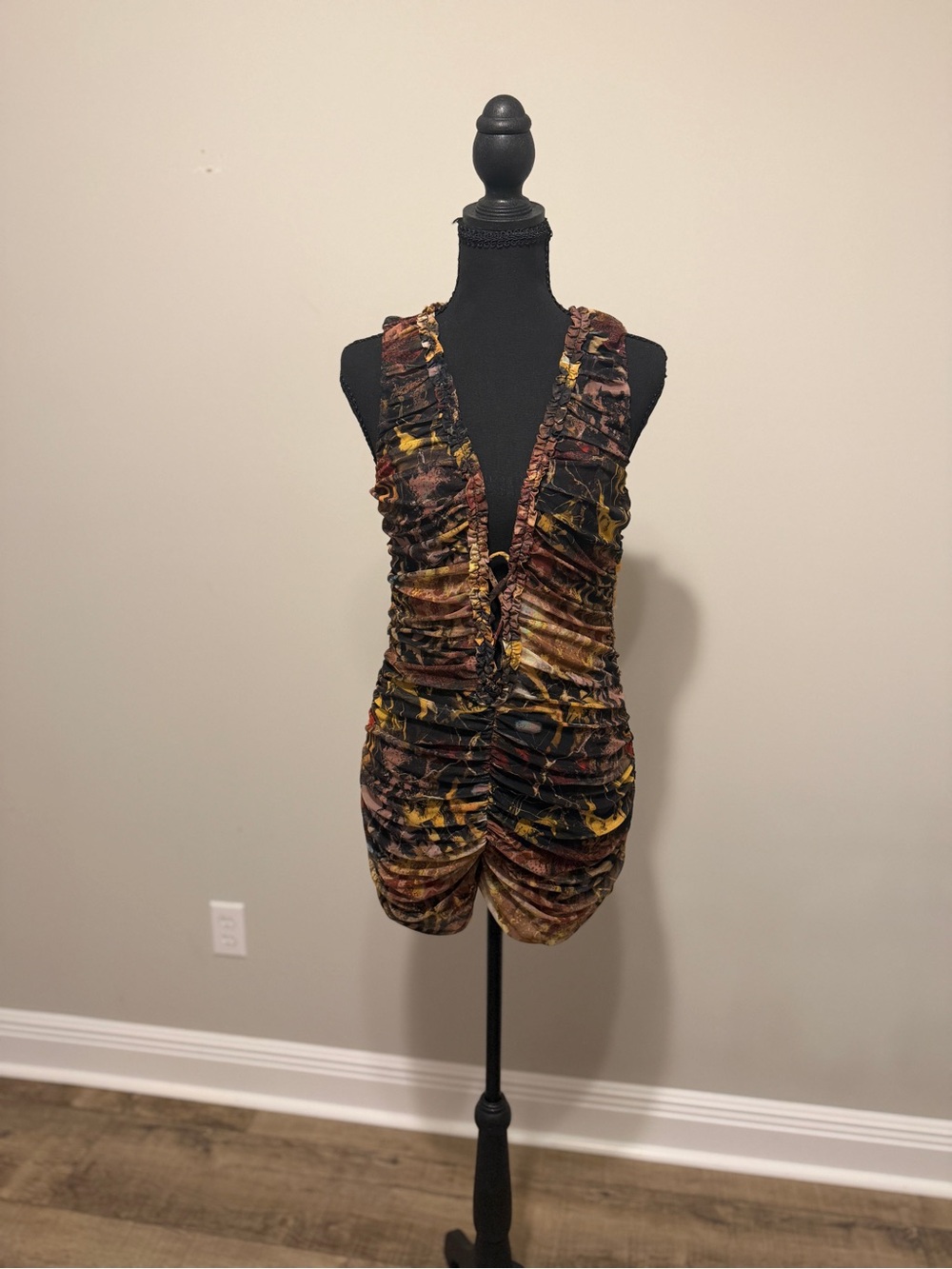 Ruched Deep V-Neck Printed Romper in Brown & Yellow